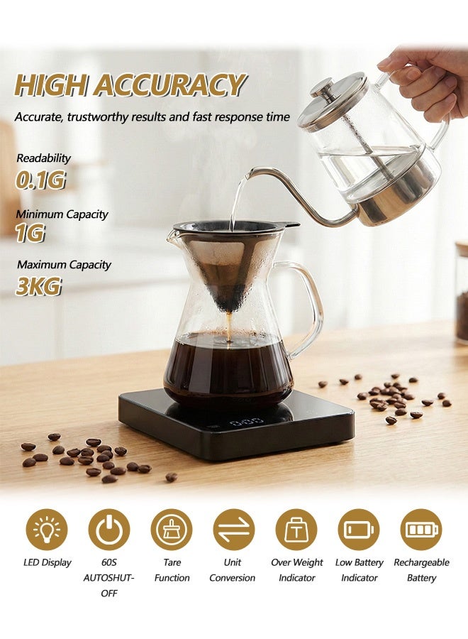 BASILKIT Digital Kitchen Scale Rechargeable， Coffee Scale with Timer - Digital Multifunction Weighing Scale with 3kg/0.1g High Precision - Pour Over Drip - Espresso Scale with Bright LCD Display,with Silicone Non-slip Pad,Black - Image 2